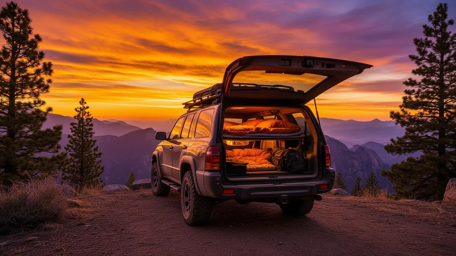 SUV car camping setup overlooking mountain sunset